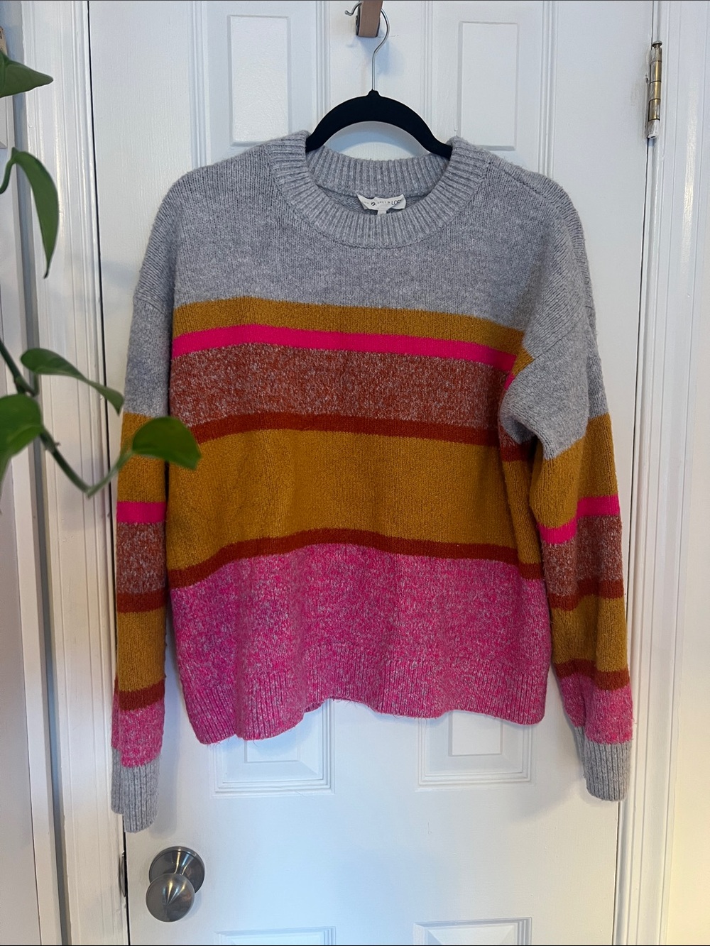Lou & Grey Striped Crewneck Sweater in Gray, Mustard & Pink